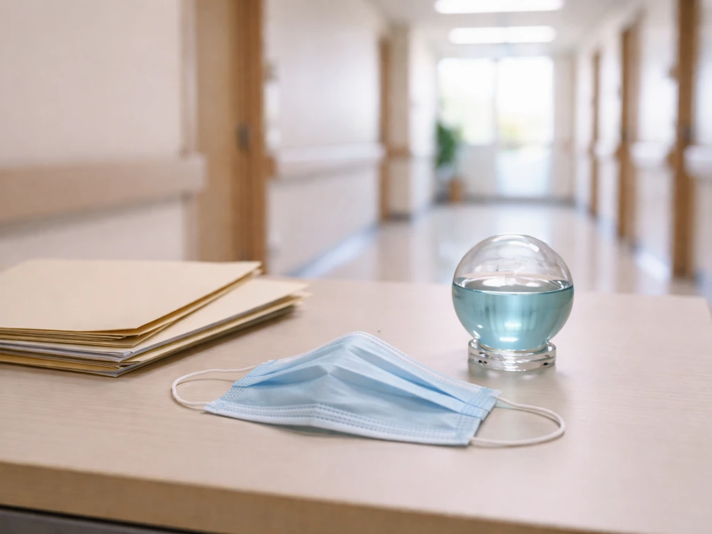 Minimal desk scene with a face mask and small globe, hinting at infectious disease terminology.