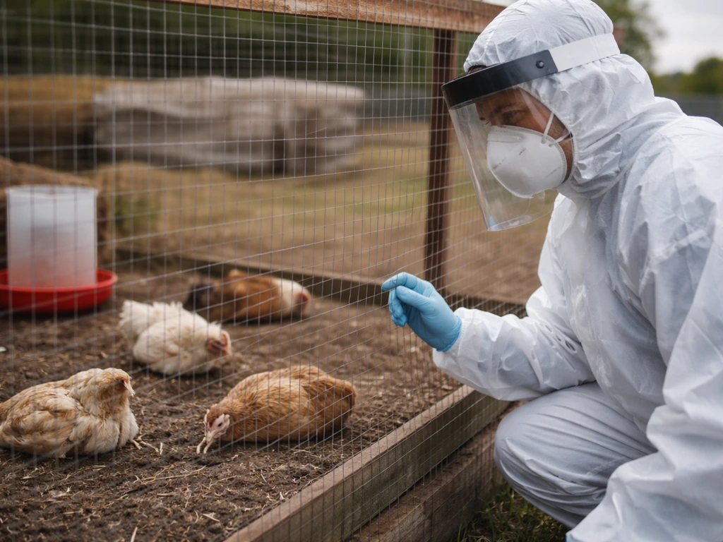 Anonymous PPE worker observing sick birds beside a chicken enclosure at a farm.