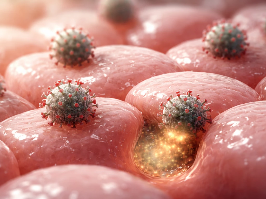 Macro view of lung epithelial cells with virus particles attaching and entering cells.