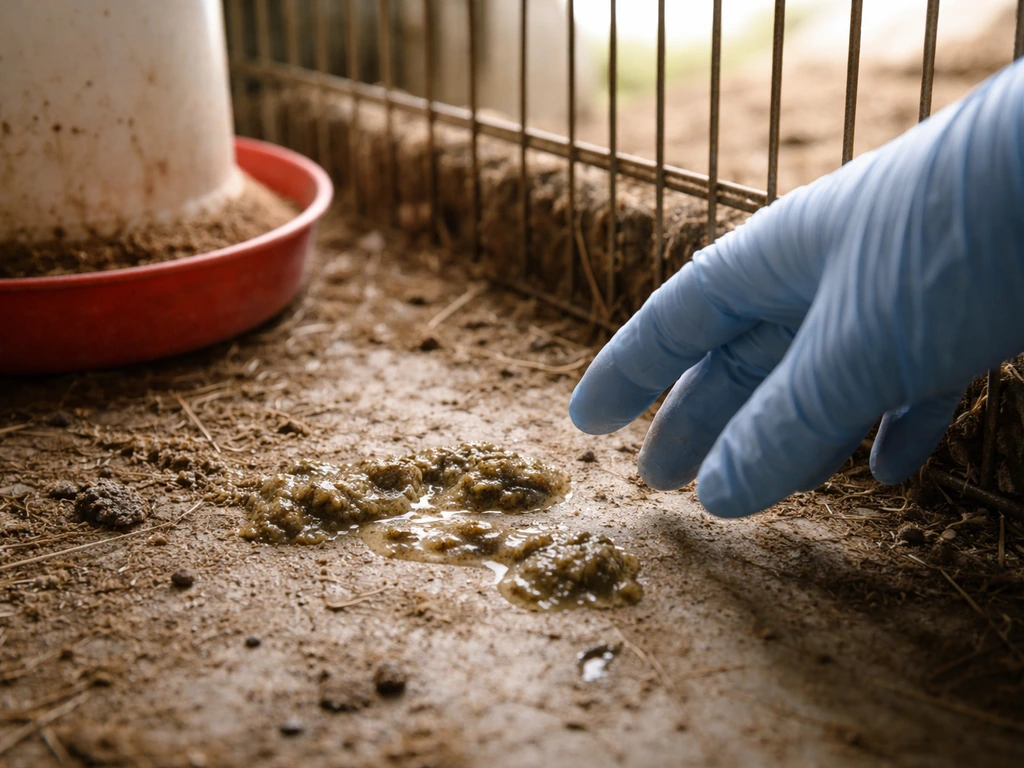 Close-up of an indoor poultry pen with wet droppings and a gloved hand reaching toward a contaminated cage
