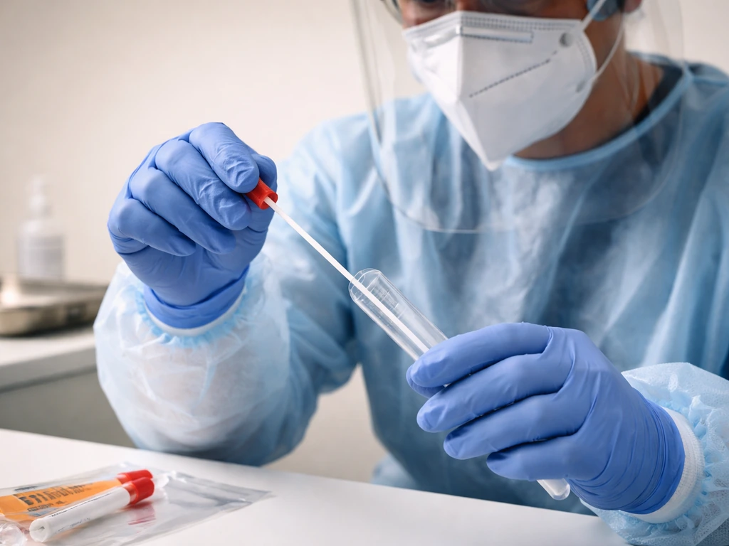 Clinician in full PPE collecting nasal/throat swab specimens in a simple exam room for lab testing.