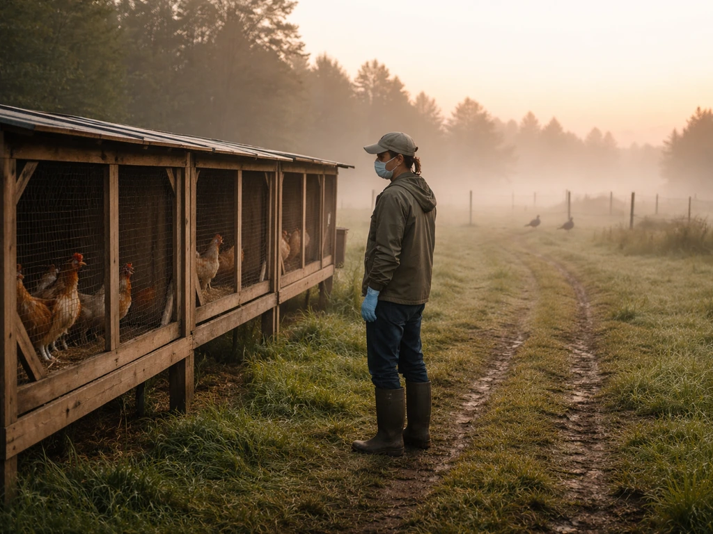 Worker in protective gear beside chicken coops at dawn, with subtle movement suggesting bird flu trend.