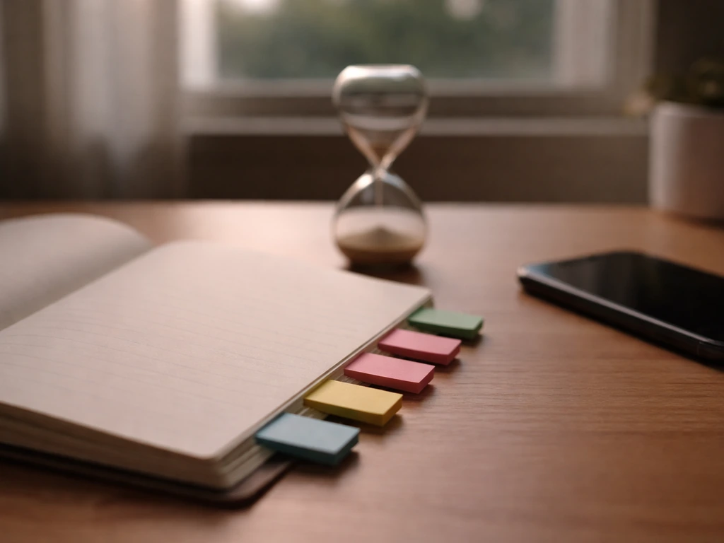 Hourglass on a wooden desk beside a notebook with blank sticky-note tabs, suggesting slow down.