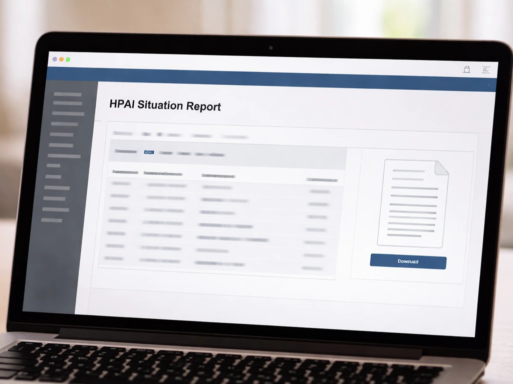 Minimal laptop screen showing a blank HPAI situation report webpage layout for animal and poultry outbreaks