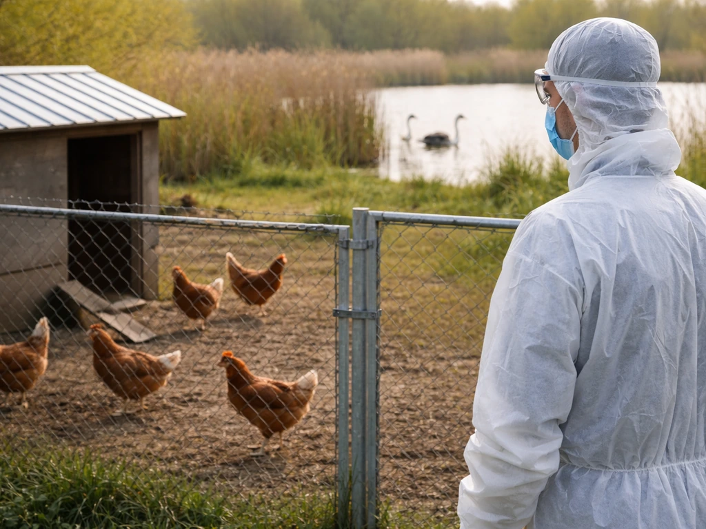 Masked worker near a poultry pen with chickens, with wild birds by a wetland in the background.