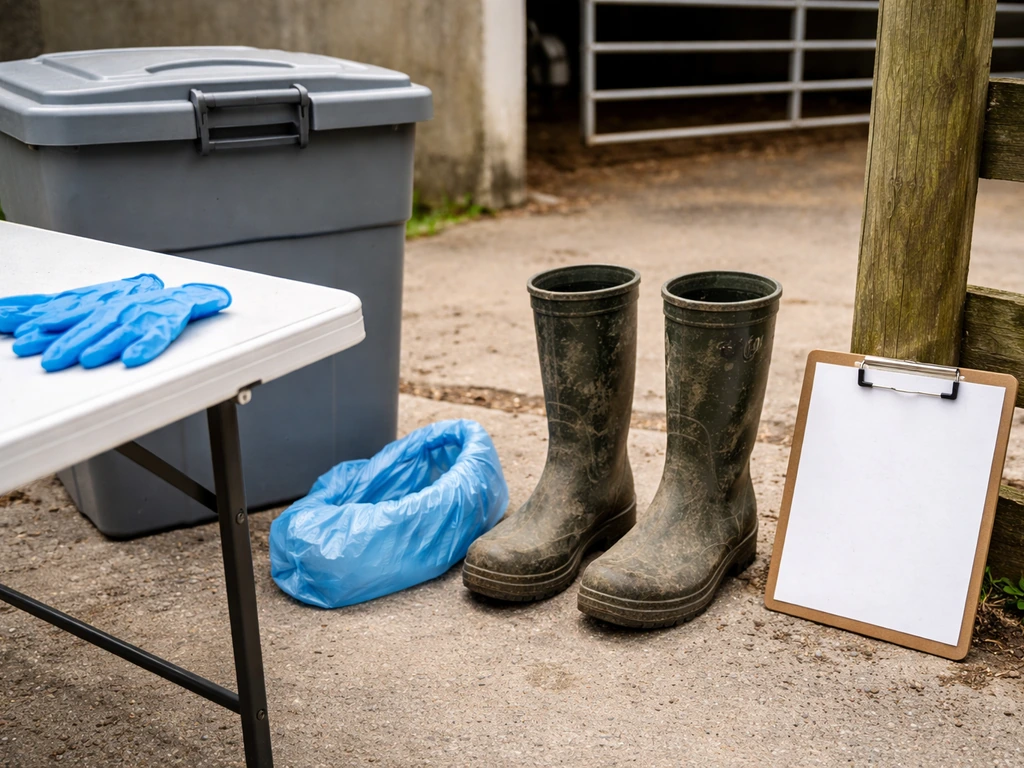 Gloves, boot covers, and sealed feed bin on a farm table with a blank checklist board nearby.