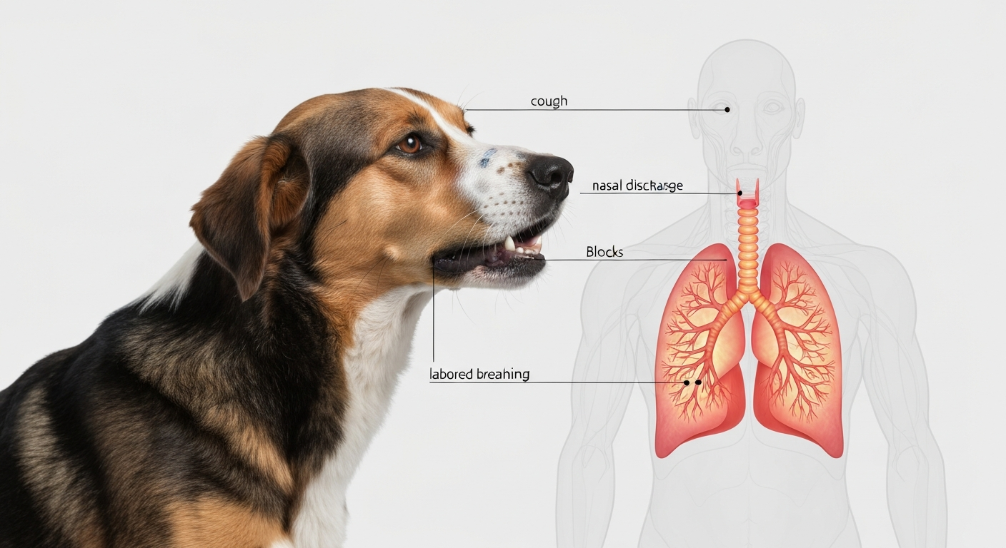 Medical illustration of a dog with respiratory symptoms and an overlay of the respiratory tract highlighting infection sites.