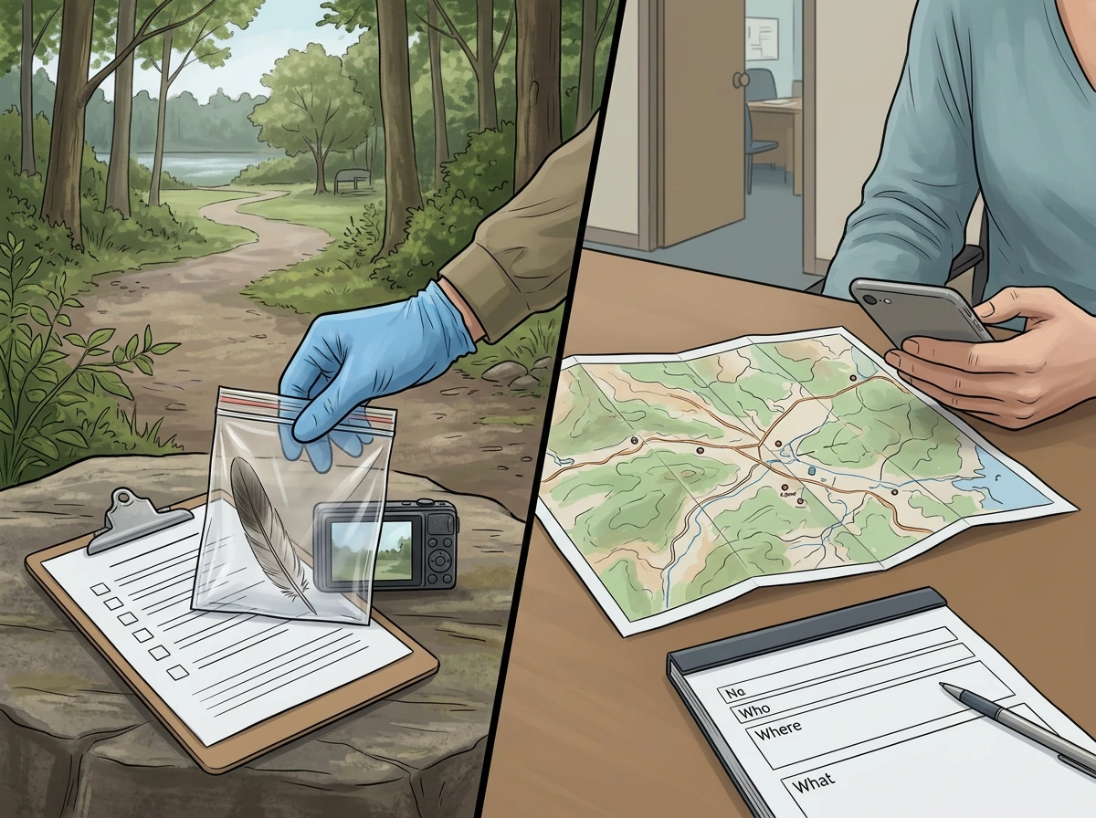 People reporting possible bird flu with phone and prepared notes outside near sick wild bird area