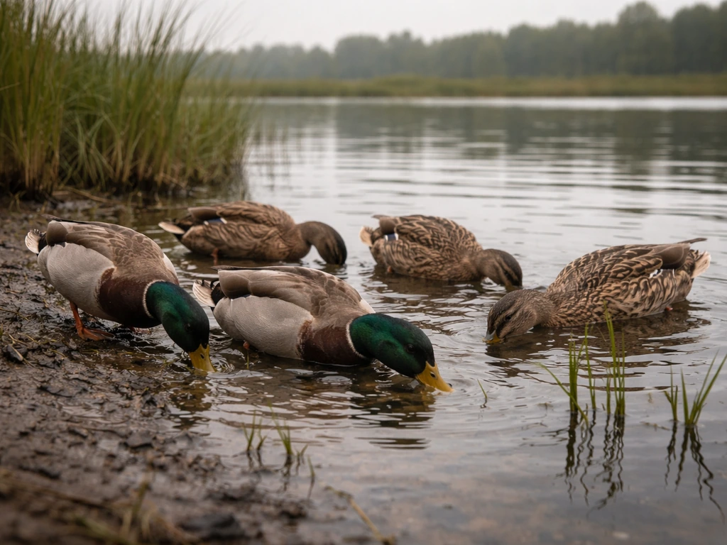 Wild ducks foraging at the edge of a pond with a distant wetland skyline under soft overcast light.
