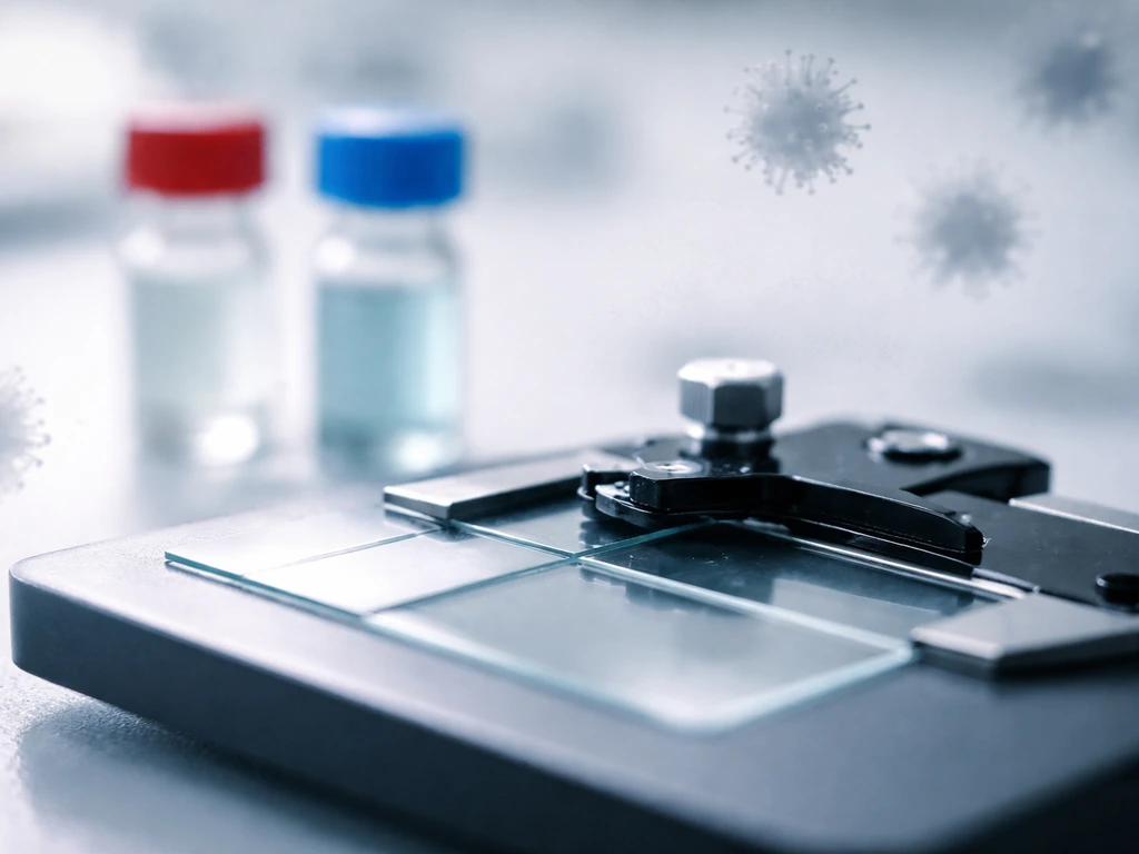 Macro photo of a lab slide and small vials with subtle virus-like particles, suggesting avian flu classification.