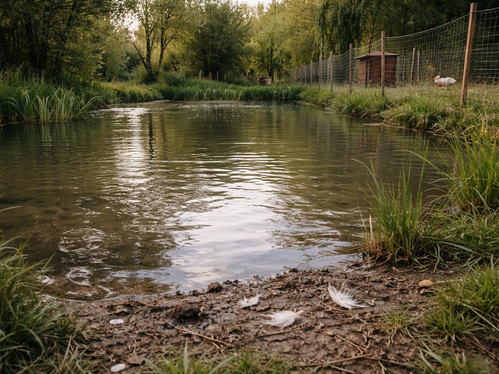 Wild pond water near a simple chicken enclosure, suggesting contamination spreading avian influenza