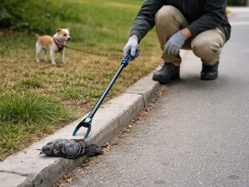 Gloved rescuer uses a tool to keep distance from a sick wild bird while a pet stays back.