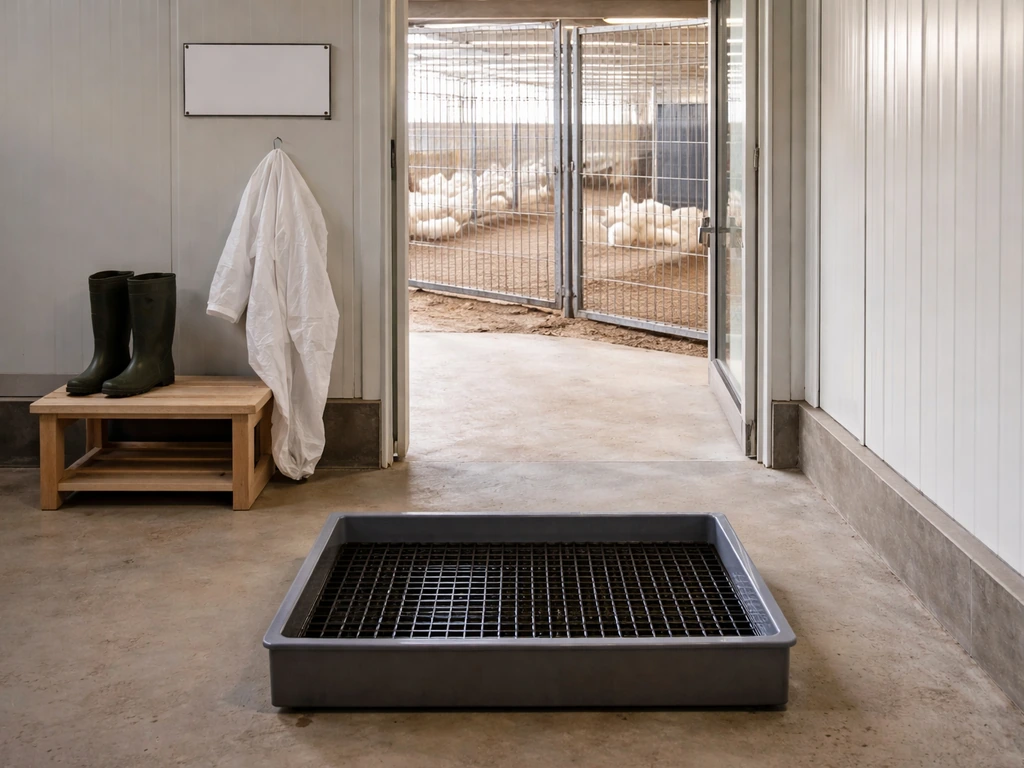 Controlled entry to poultry area with dedicated boots and disinfecting footbath station