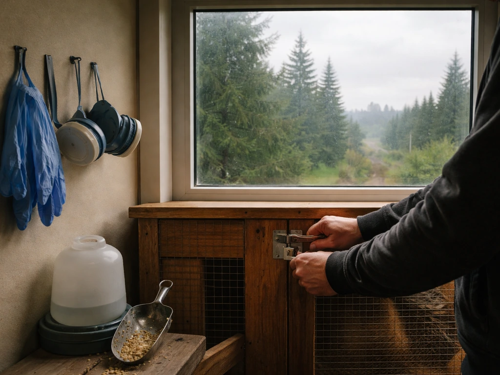 Hands securing a backyard chicken coop door with Oregon landscape outside, suggesting biosecurity during bird flu alerts