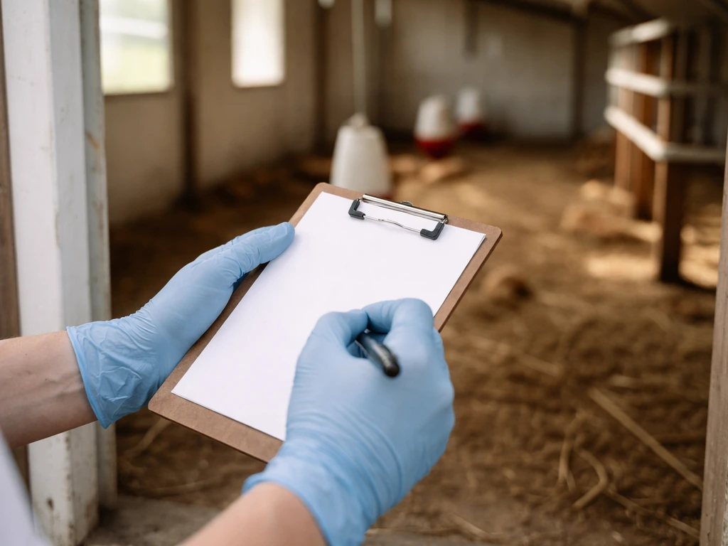 Quiet farm setting with a gloved hand holding a clipboard, symbolizing bird flu detections not human cases.