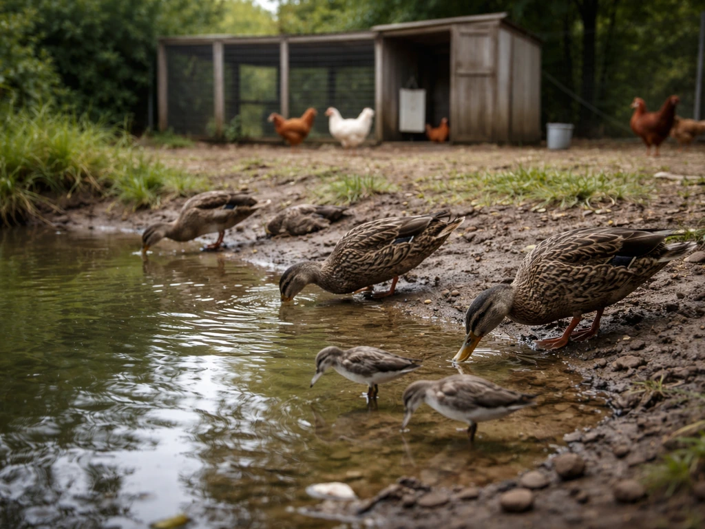 Wild ducks near a backyard pond beside a small coop, suggesting bird flu exposure via shared water and poultry contact.