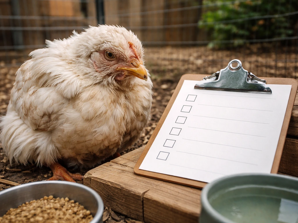 Close-up of a sick chicken or duck in a backyard coop next to a blank checklist paper on a crate.