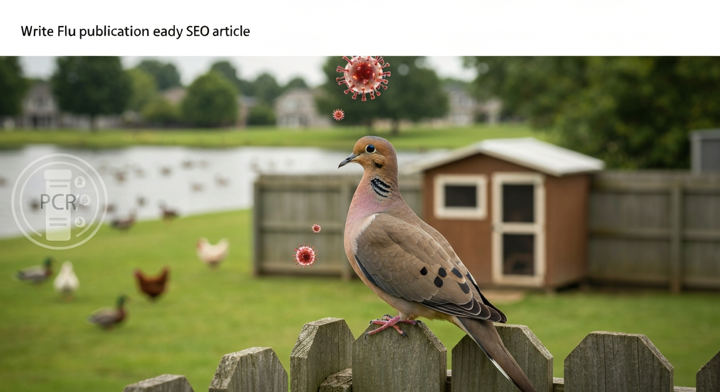 Mourning dove perched on a fence near a chicken coop with faint virus icons and a PCR symbol, illustrating the low but real bird flu risk.