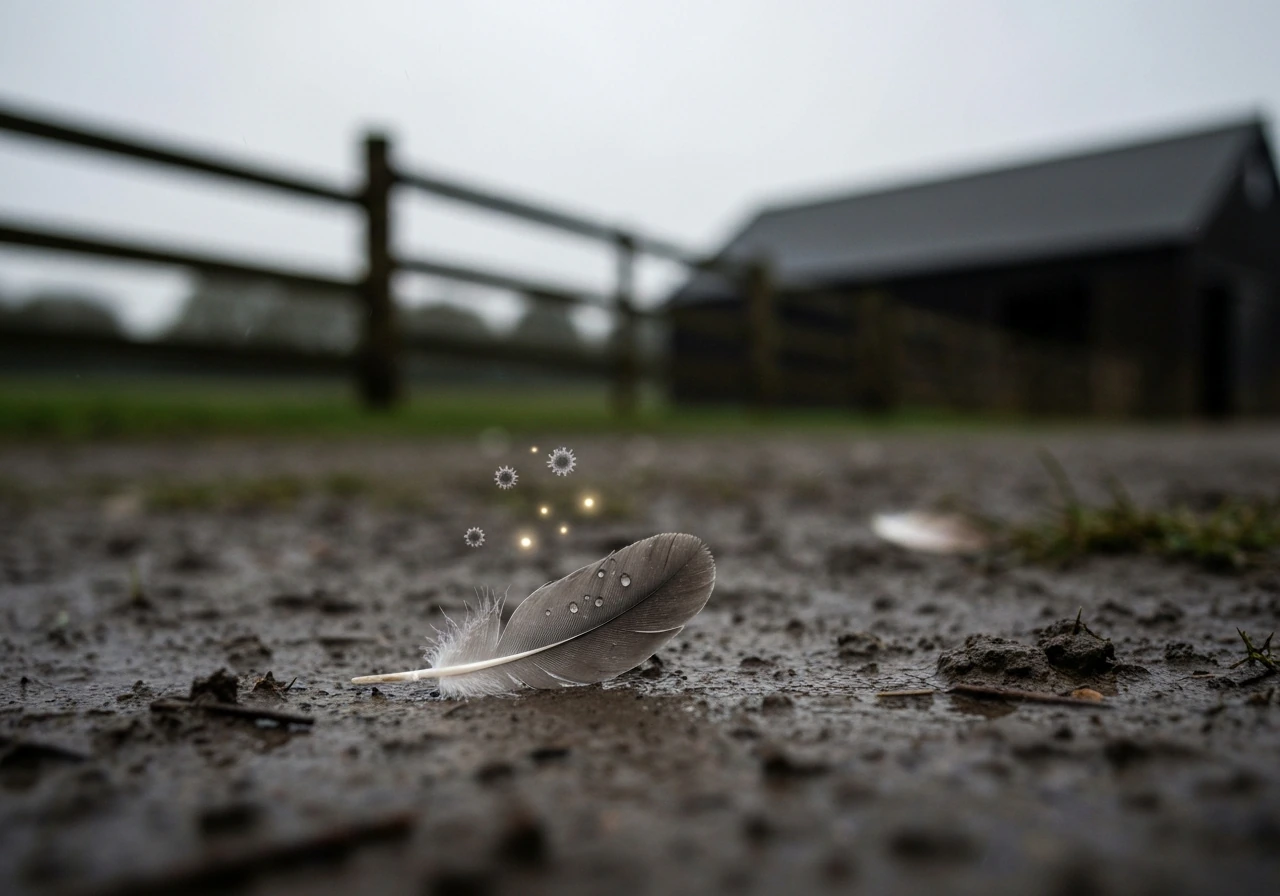 Close-up of a rain-soaked feather near a quiet farmyard with faint virus-like particles in the air