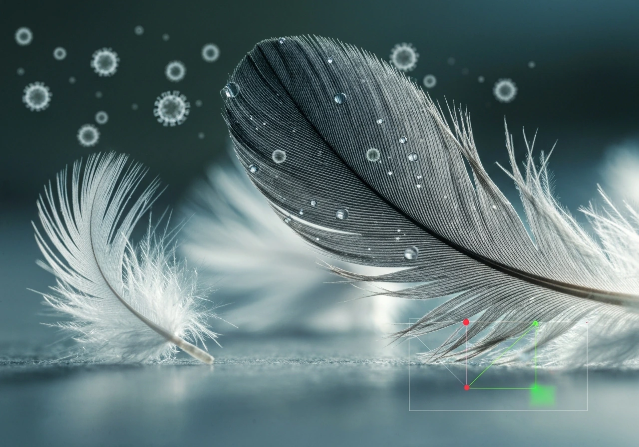 Close-up of a bird’s feather with a blurred virus-like motif suggesting influenza A