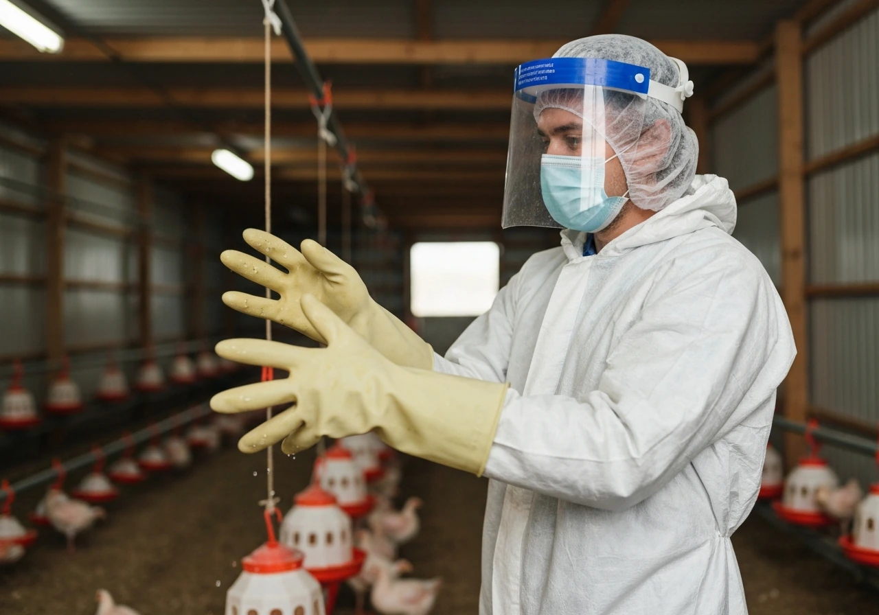 Anonymous poultry worker in a coop lifting gloves after touching a contaminated surface.