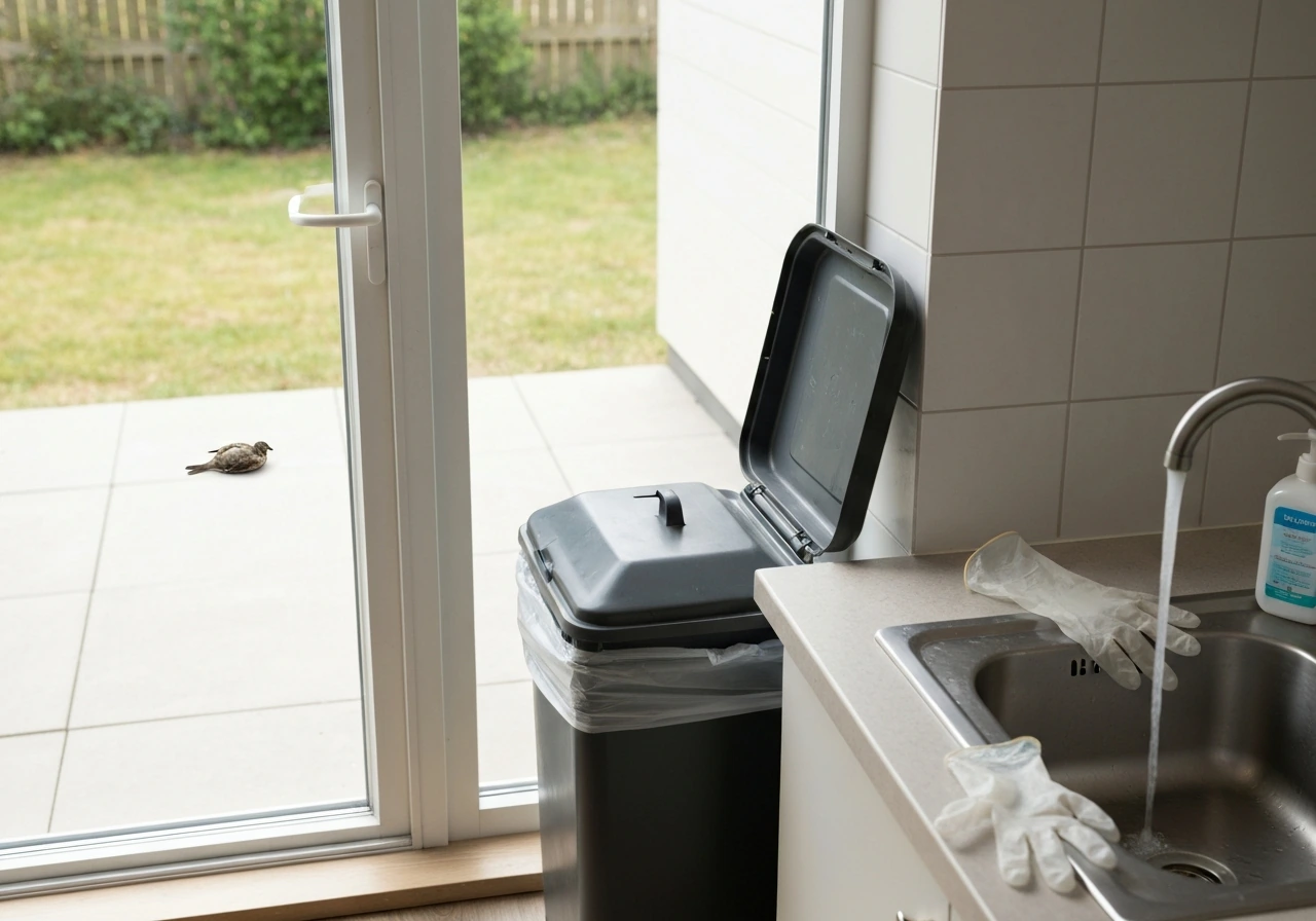 Backyard scene with a distant wild bird, a covered disposal bin, gloves, and sink for handwashing reminder.