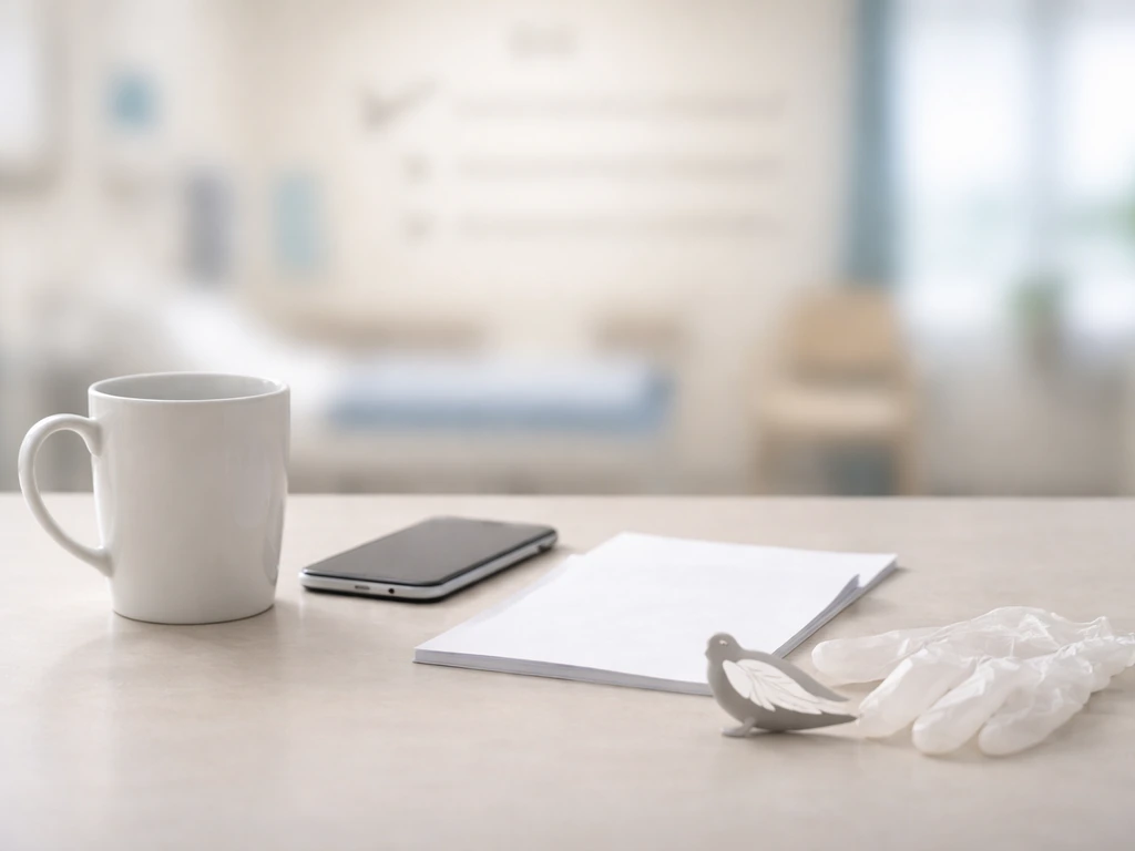 Minimal medical tabletop with a generic bird silhouette motif, suggesting careful risk assessment for bird flu.