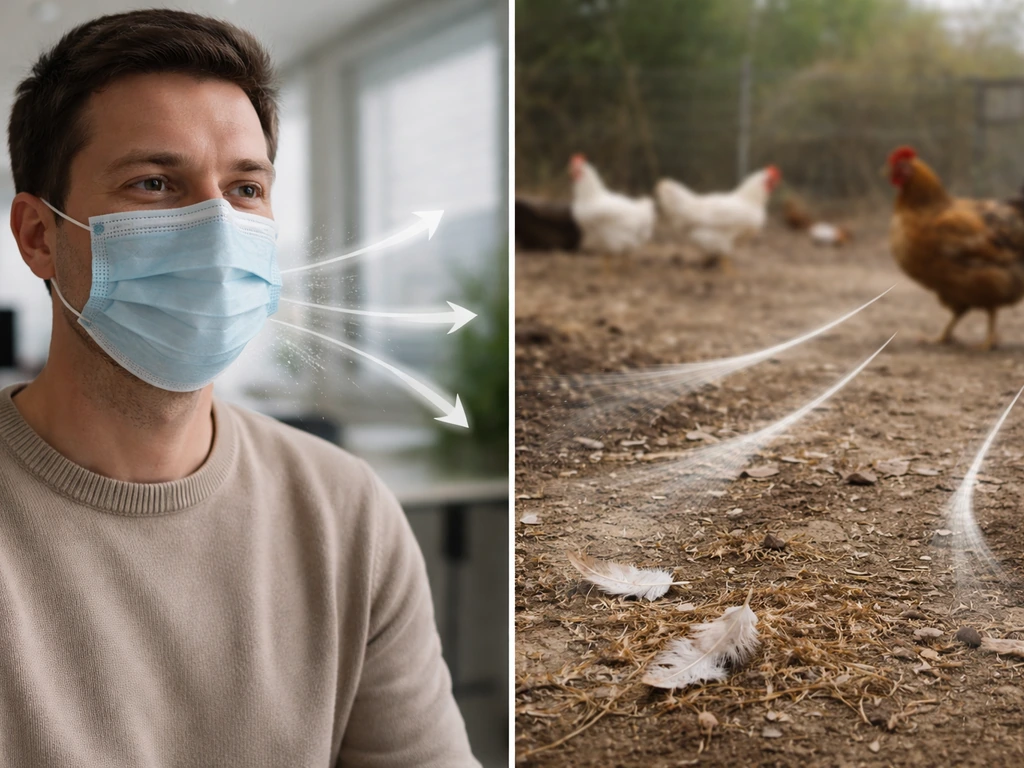 Minimal split scene: office person with air droplets versus bird and outdoor environment showing infection pathway