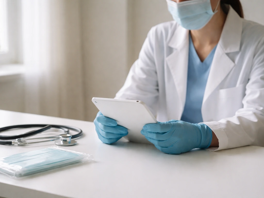 Clinician in a quiet clinic room holding a notepad while a face-on mask and gloves rest nearby