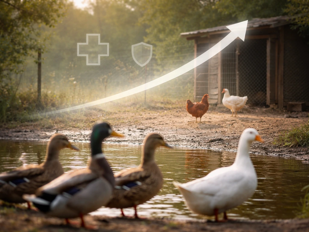 Wild ducks and poultry yard with a subtle upward arrow overlay suggesting rising bird flu risk