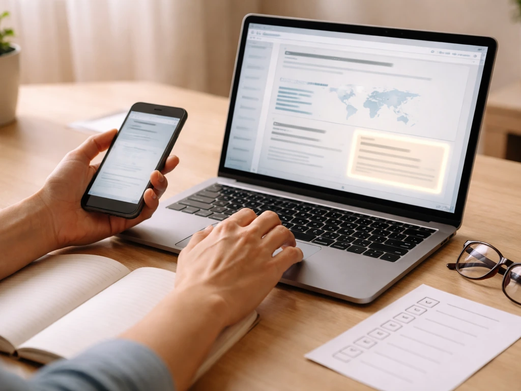 Hands checking a browser page on laptop and smartphone on a minimal desk with a blank checklist.