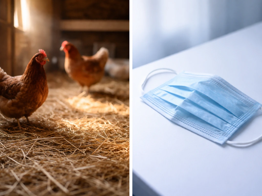 Split photo showing a poultry setting on one side and a human silhouette symbol on the other