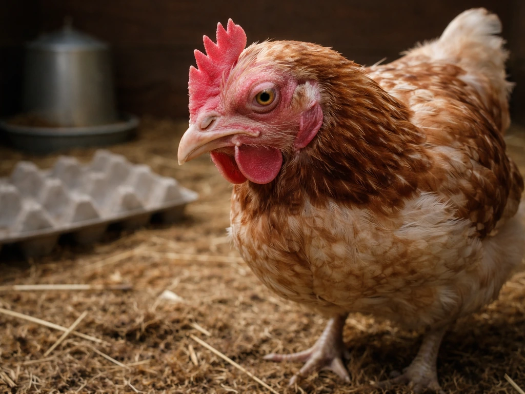 Close-up of a sick chicken near feed on a quiet farm, with signs of distress and an empty egg container nearby.