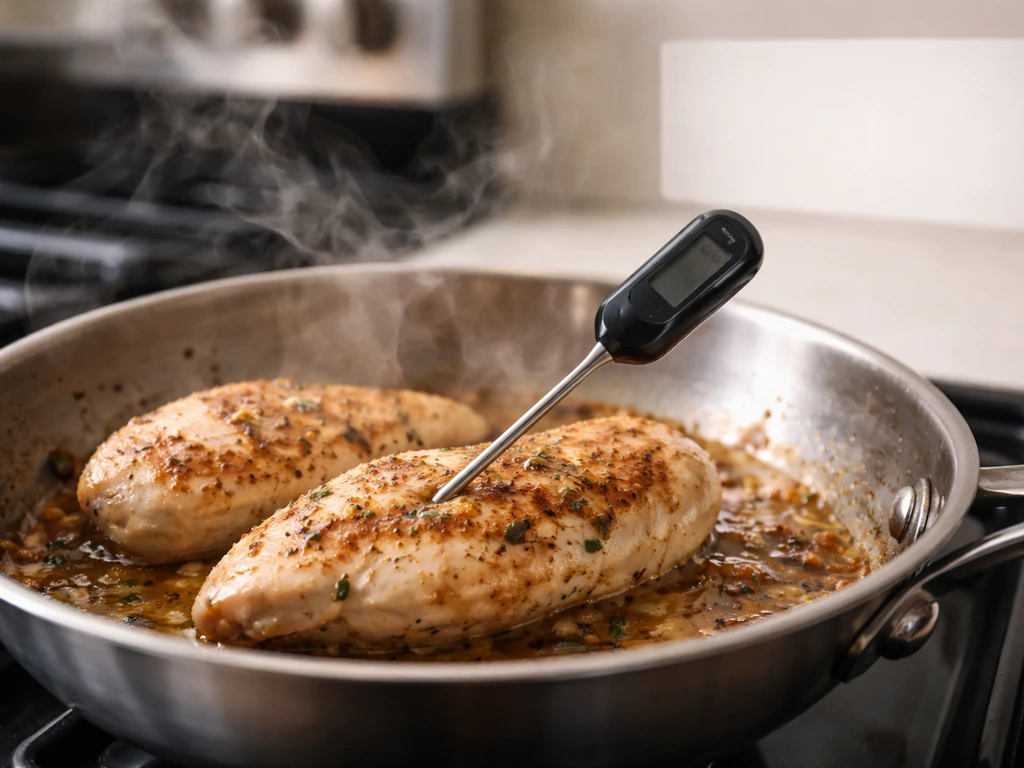 Steaming skillet with poultry being checked by an instant-read thermometer in a simple kitchen setting.
