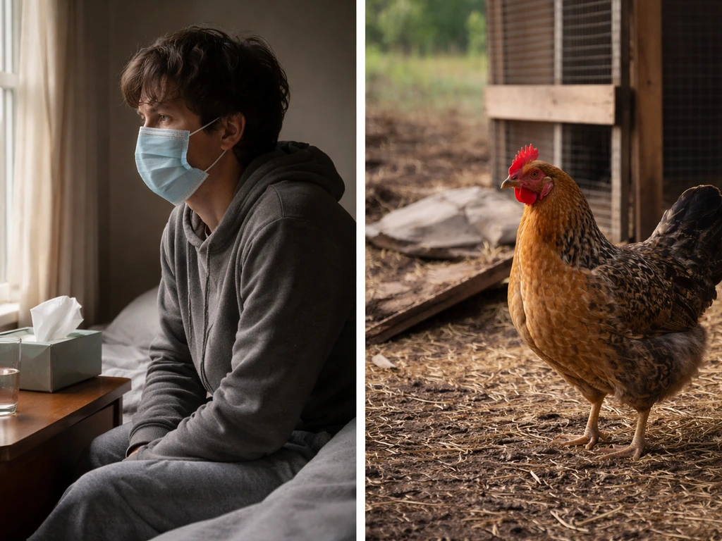 Two-panel photo: person in a dim room with mask vs bird near farm coop, symbolizing HMPV and avian influenza contexts.
