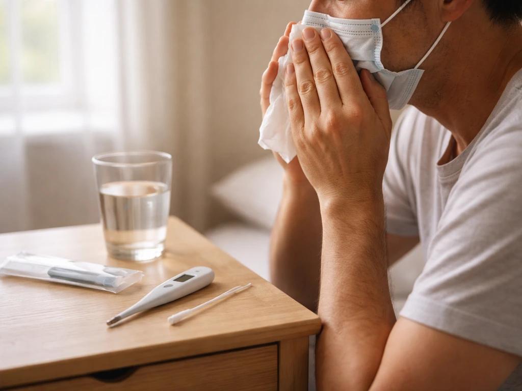 Masked person at bedside holding a tissue, with thermometer and nasal swab nearby.