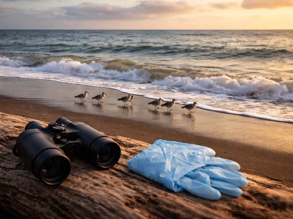 Hawaiian shoreline with wild shorebirds and binoculars with gloves on driftwood suggesting wildlife health checks.
