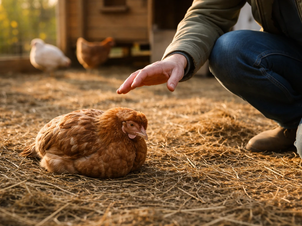 A person near a backyard chicken coop looks concerned as an obviously lethargic chicken sits on the ground