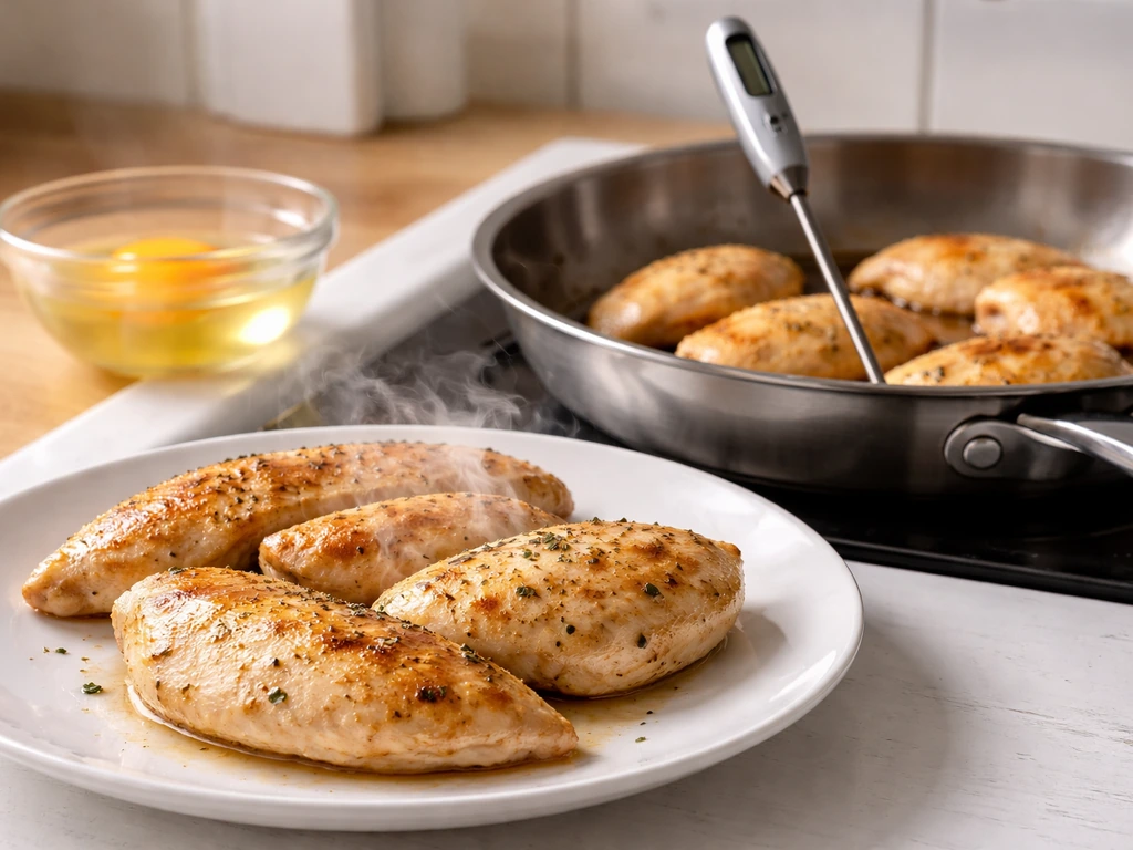 Close-up of fully cooked poultry on a plate with a thermometer and a raw egg nearby in a simple kitchen.