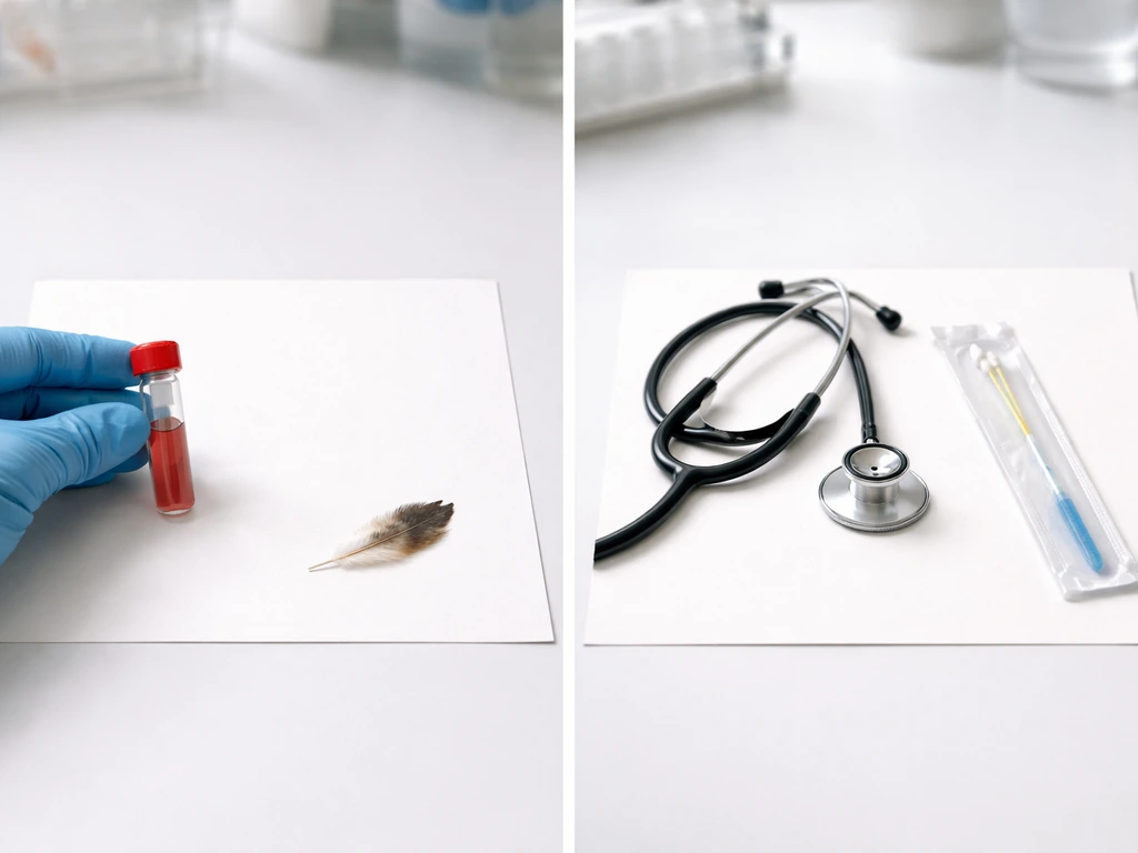 Gloved lab hand and sterile samples on a desk, split into animal-testing vs human-case reporting mood.