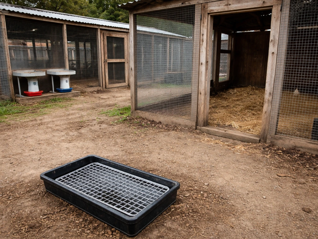 Minimal rural poultry coops with covered feed and a visible boot-wash footbath for biosecurity.