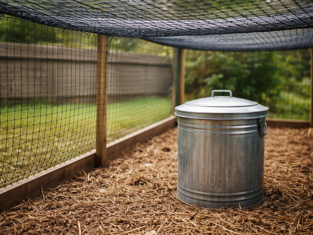 Close-up of covered poultry coop netting with a secured feed container to keep wild birds out.