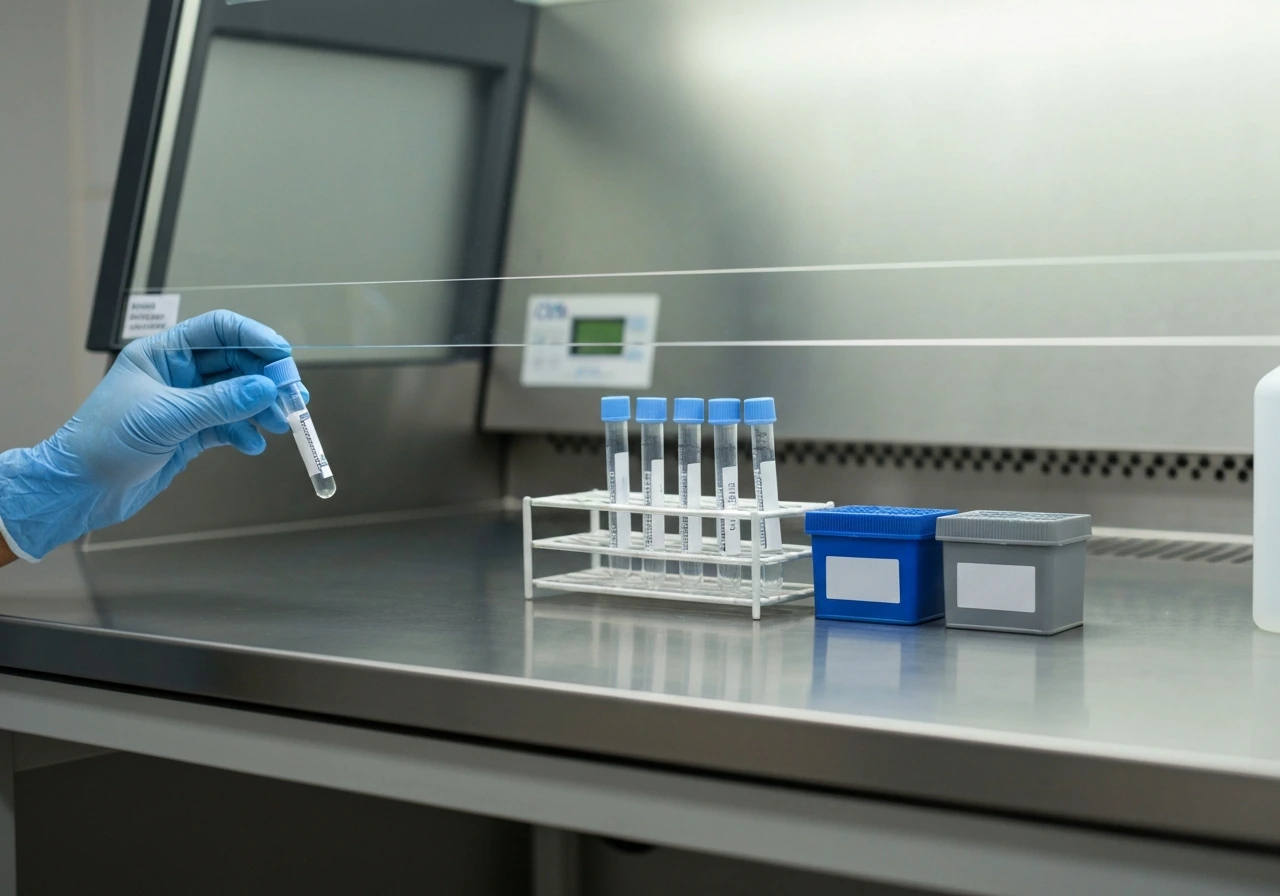 Gloved hand over a clean lab bench with specimen tubes in two color-coded holders, suggesting confirmed vs suspected.