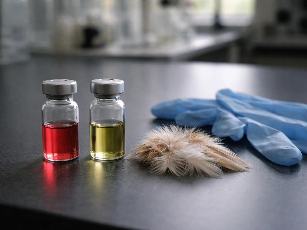 Two glass lab vials with different colored liquids beside simple poultry feathers on a dark bench