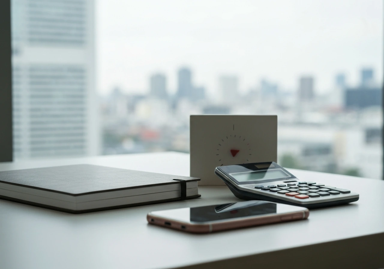 Minimal desk scene with a notebook, calculator, and a blurred city skyline suggesting illness comparison