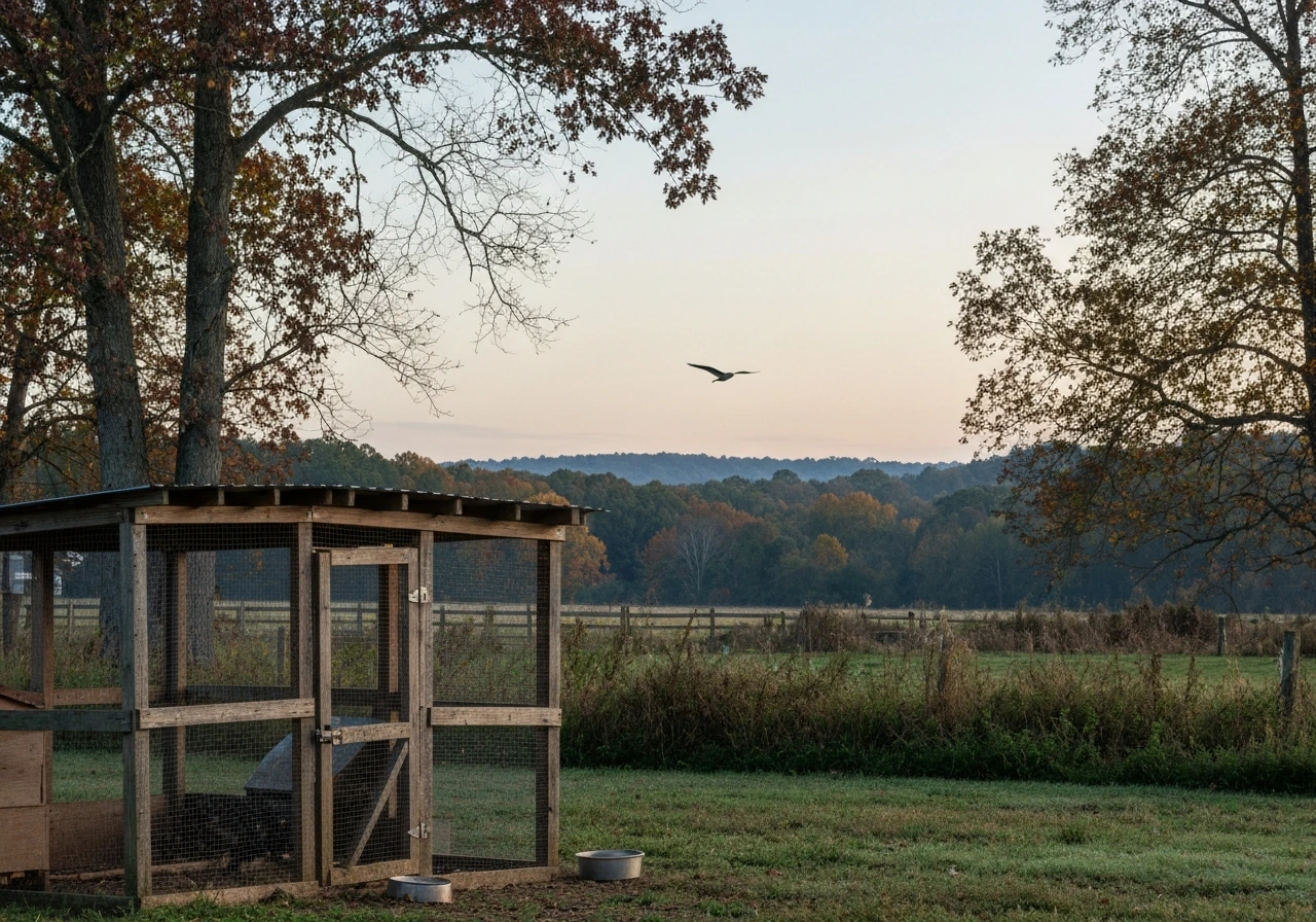 Backyard coop near a North Carolina landscape with a distant migratory bird silhouette, suggesting bird flu awareness