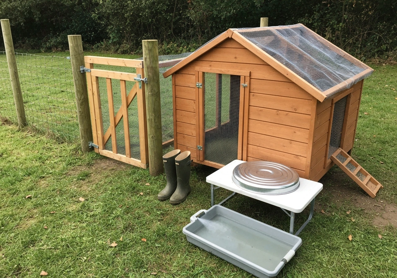 Backyard chicken coop area with covered run, secured feed storage, and disinfecting footbath