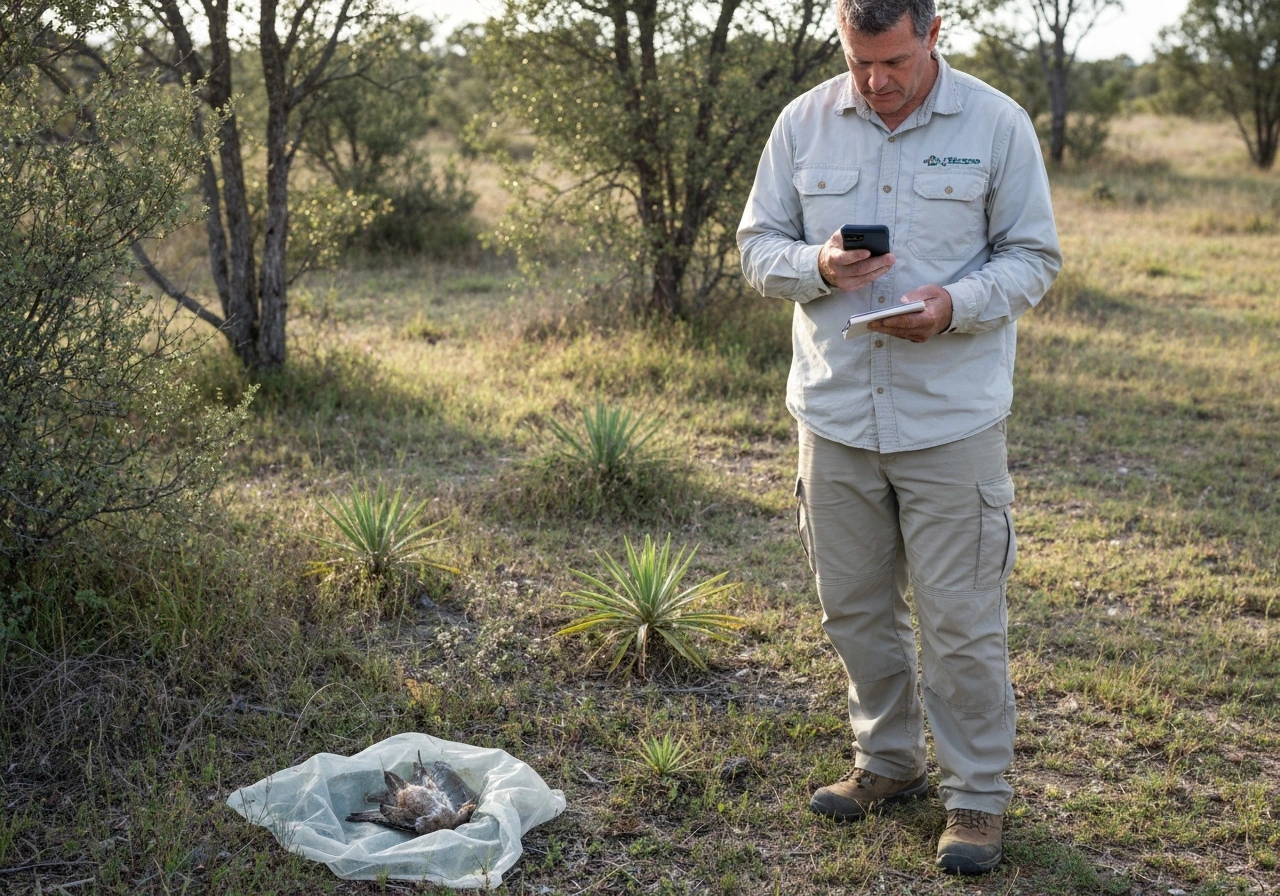Person from a safe distance uses a phone to report dead wild birds in a natural area.