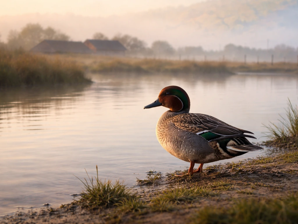 A waterbird on a pond edge with a subtle, blurred map-like Europe backdrop and distant poultry-farm silhouettes.
