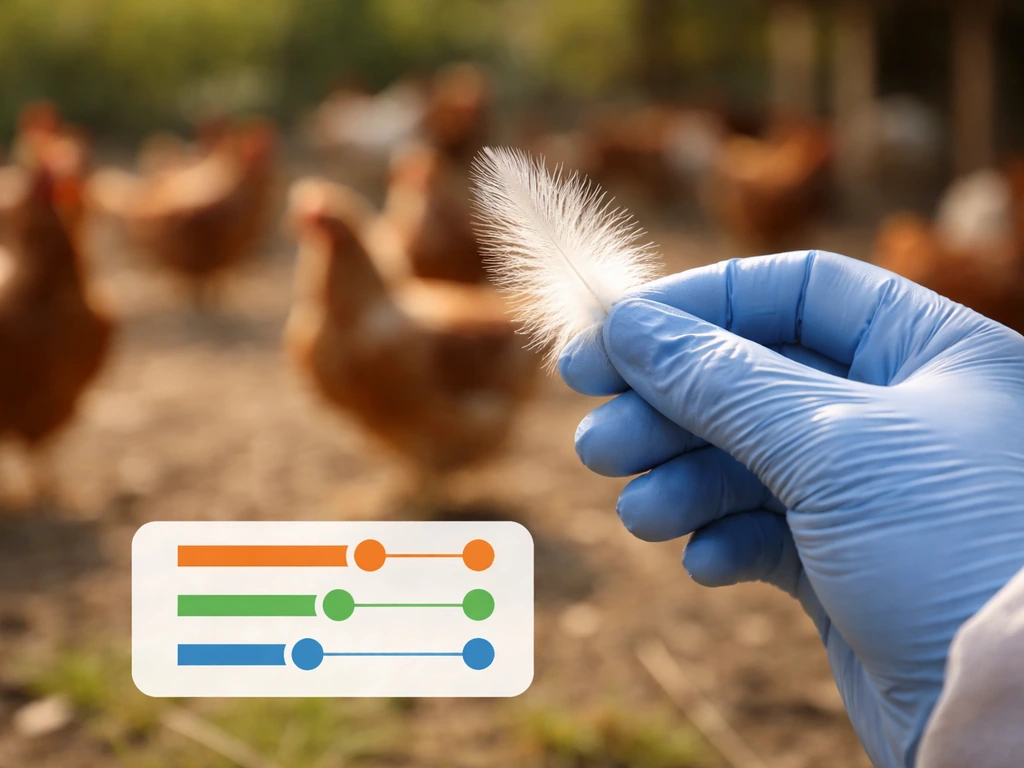 Close-up of a poultry farm worker’s gloved hand holding a small bird feather near a blurred flock in soft light